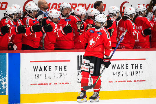 Lara Stalder of Switzerland celebrates scoring 5-2