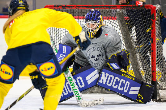 Goaltender Emma Söderberg of Sweden at a practice session