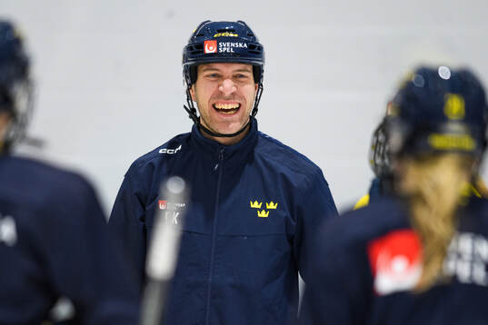 Goaltender coach Ola Kahem of Sweden at a practice session