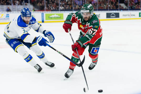 Leksands Peter Cehlarik och Frölundas Jayden Halbgewachs