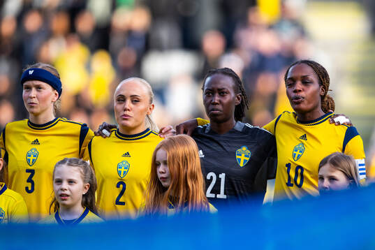 Alva Selerud, goalkeeper Angel Mukasa and Evelyn Ijeh of