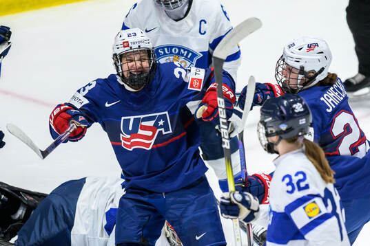 Hannah Bilka of USA celebrates scoring 1-0