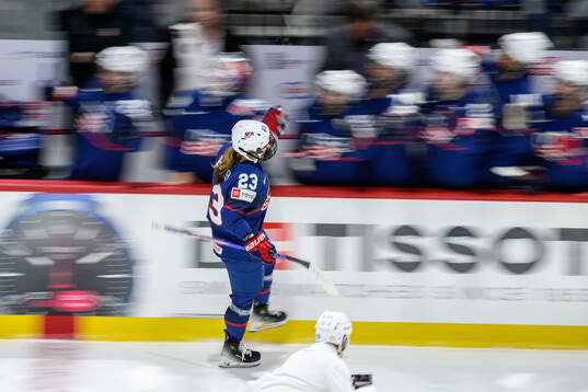 Hannah Bilka of USA celebrates scoring 1-0