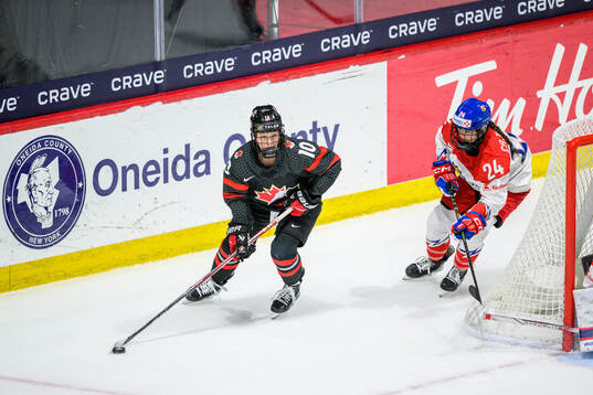 Sarah Fillier of Canada and Sara Cajanova of Czech Republic
