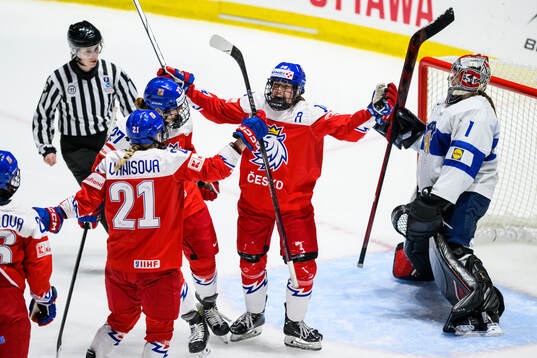 Denisa Krizova of Czech Republic celebrates with teammates