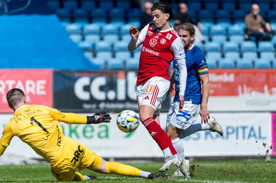 Sandvikens IFs Alexandar Mutic och Trelleborgs målvakt