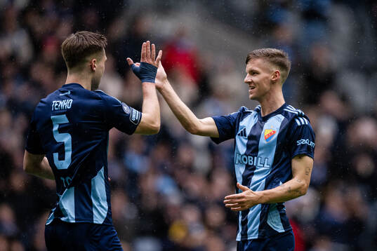 Djurgårdens Miro Tenho och Samuel Leach Holm jublar