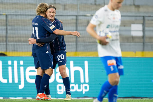 Malmö FFs Erik Botheim jublar med Sebastian Nanasi