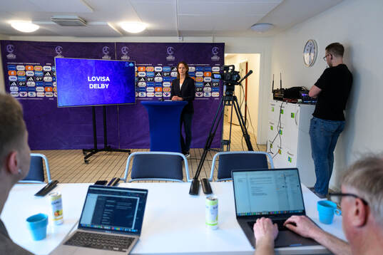 Lovisa Delby, head coach of Sweden, at a press conference