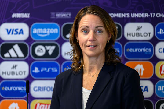 Lovisa Delby, head coach of Sweden, at a press conference