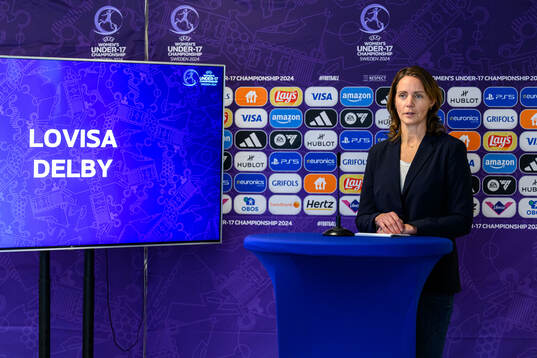 Lovisa Delby, head coach of Sweden, at a press conference