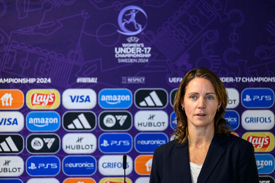 Lovisa Delby, head coach of Sweden, at a press conference