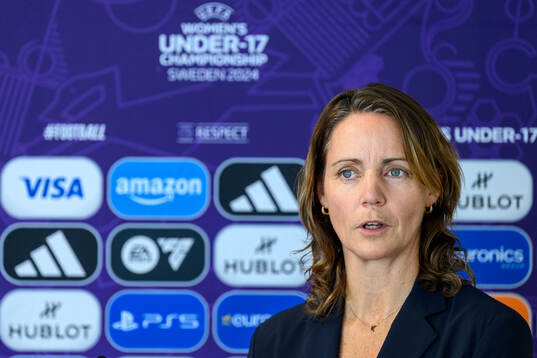 Lovisa Delby, head coach of Sweden, at a press conference