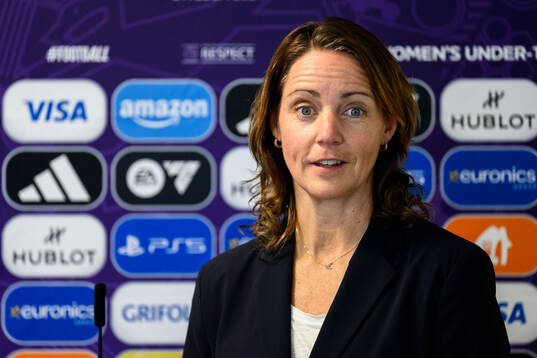 Lovisa Delby, head coach of Sweden, at a press conference