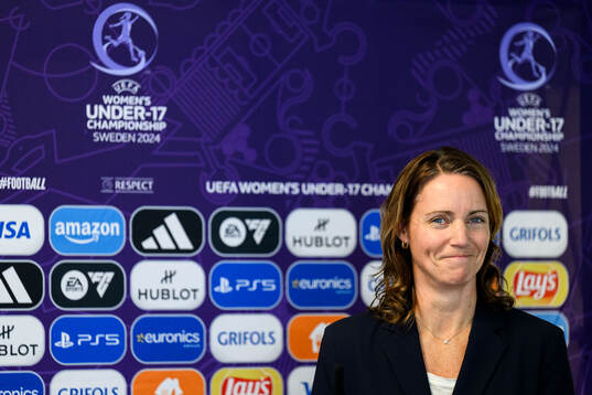 Lovisa Delby, head coach of Sweden, at a press conference
