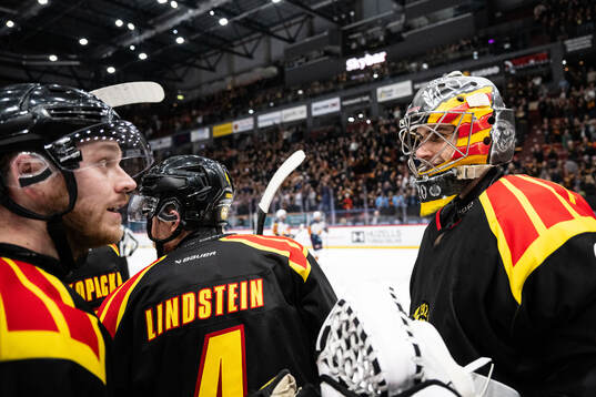Brynäs målvakt Damian Clara jublar med lagkamrater
