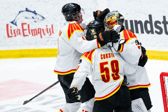 Brynäs spelare jublar med målvakt Damian Clara