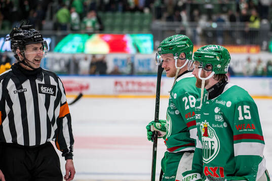 Domare Mikael Nord och Rögles Anton Bengtsson