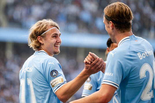 Malmö FFs Sebastian Nanasi och Erik Botheim jublar