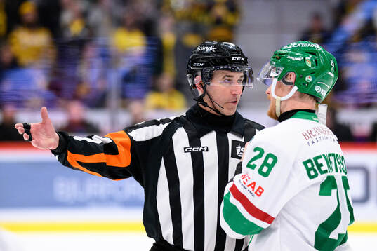 Domare Linus Öhlund pratar med Rögles Anton Bengtsson