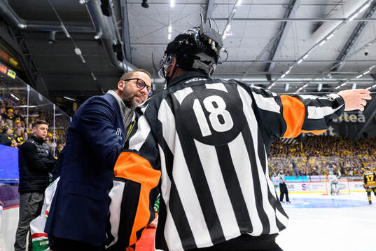 Rögles tränare Roger Hansson pratar med domare