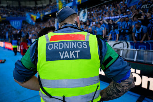 Ordningsvakt framför Djurgårdens supportrar