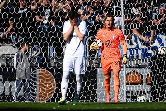 Malmö FFs målvakt Johan Dahlin jublar samtidigt som