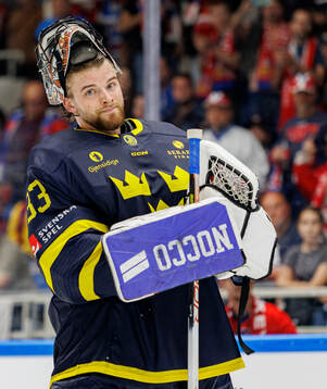 Goaltender Samuel Ersson of Sweden looks dejected