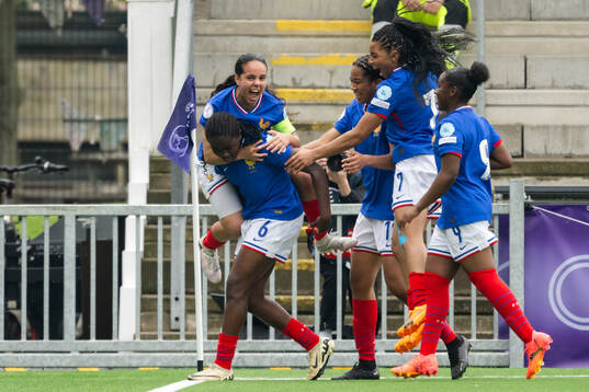 Anais Ebayilin and Ambre Ouazar of France celebrates the