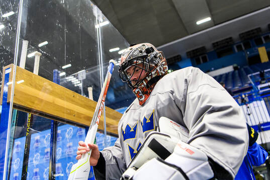 Goaltender Samuel Ersson of Sweden at a practice session