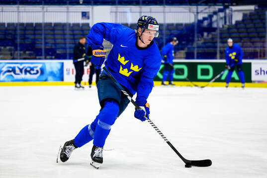 Rasmus Dahlin of Sweden at a practice session