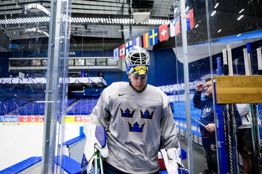 Goaltender Jesper Wallstedt of Sweden at a practice session