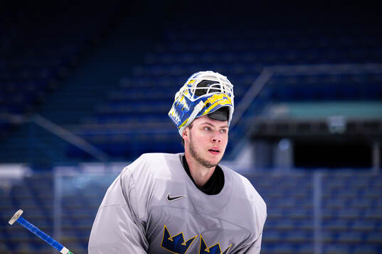Goaltender Jesper Wallstedt of Sweden at a practice session