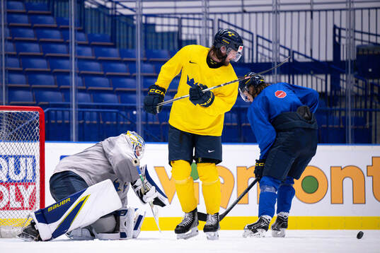 Linus Johansson and goaltender Jesper Wallstedt of Sweden