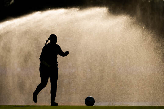 A silhouette of a player warming up