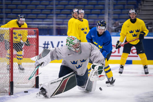 Goaltender Filip Gustavsson of Sweden at a practice session