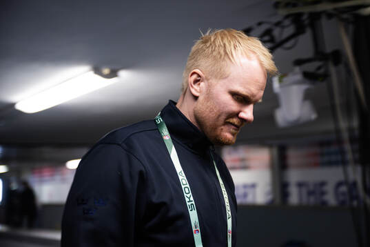 Video coach Adam Almqvist of Sweden at a practice session
