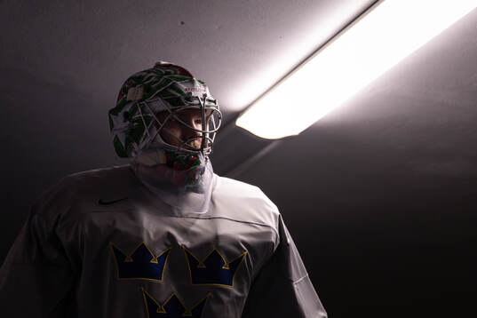 Goaltender Filip Gustavsson of Sweden at a practice session