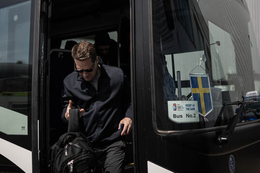 Head coach Sam Hallam of Sweden arrives at a practice