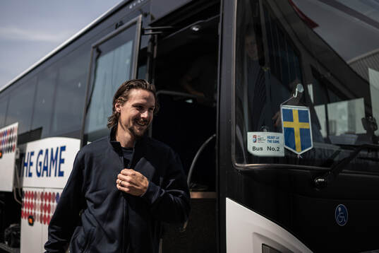 Erik Karlsson of Sweden arrives at a practice session