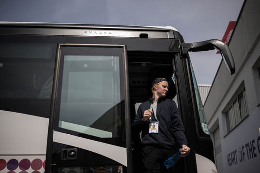 Rasmus Dahlin of Sweden arrives at a practice session