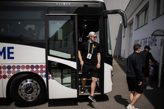 Goaltender Jesper Wallstedt of Sweden arrives at a pratice