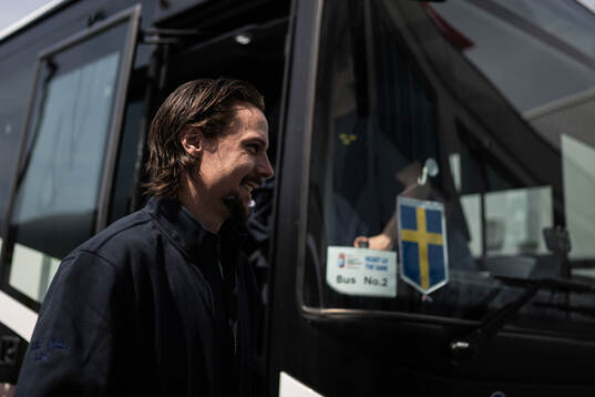Erik Karlsson of Sweden arrives at a pratice session