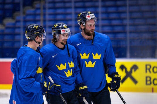 Lucas Raymond, Erik Karlsson and Victor Hedman of Sweden at