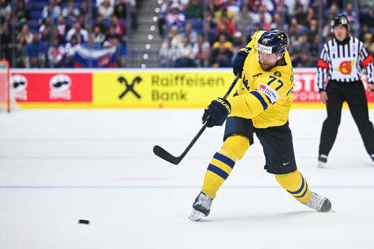 Victor Hedman of Sweden scores the 4-2 goal