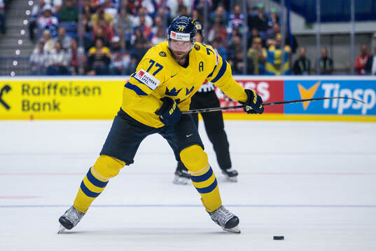 Victor Hedman of Sweden scores the 4-2 goal