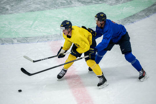 Fabian Zetterlund and Lucas Raymond of Sweden at a practice