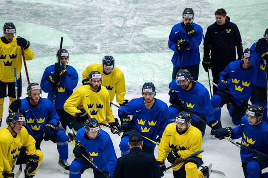 Players gather around head coach Sam Hallam of Sweden at a