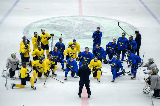 Players gather around head coach Sam Hallam of Sweden at a