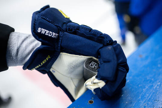 The stick of Adrian Kempe of Sweden at a practice session